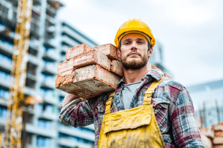 A determined laborer transports sturdy masonry units across a bustling construction zone, embodying...