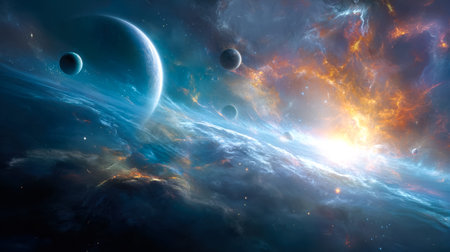 A colorful cosmic scene featuring distant planets, luminous nebulae, and swirling clouds shimmering...