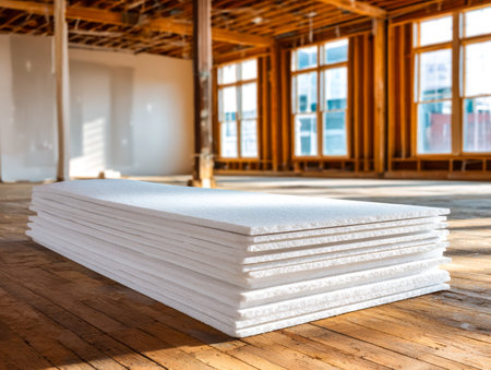 Layers of foam panels are arranged vertically inside an unfinished space, hinting at ongoing construction and future thermal efficiency installation.
