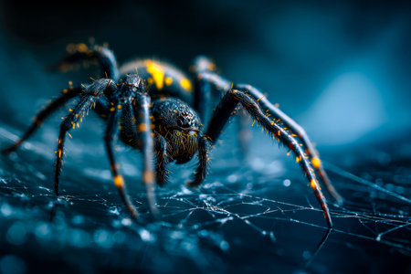 A detailed shot capturing a sleek black spider with striking yellow patterns gliding across its...