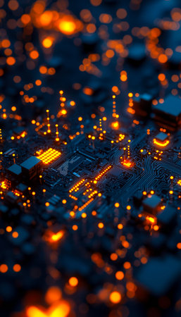 A sleek, high-tech circuit layout illuminated by vibrant orange LEDs, set against a soft blurred...