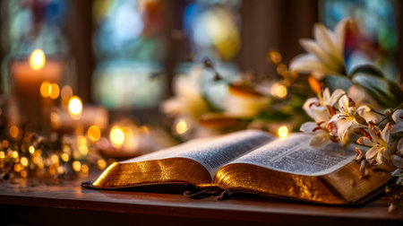 A serene scene featuring a resting Bible illuminated by soft candle flames, encircled by delicate...