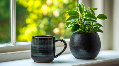 A sleek black ceramic cup accompanies a vibrant potted plant, resting on a sunlit windowsill with a...
