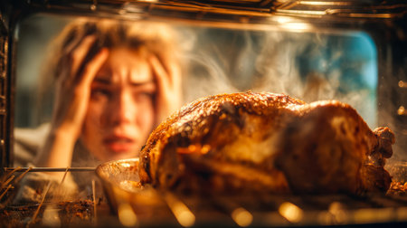 A woman stands by the kitchen counter, eyes wide with concern, as she observes a burnt roast in her...