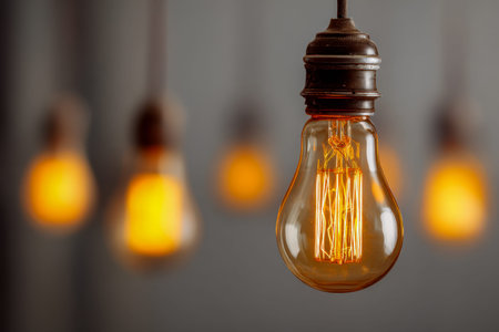 Antique-inspired filament bulbs cast a soft, amber glow, arranged in a neat line, creating a cozy...