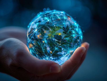 A luminous, high-tech sphere blending vibrant natural elements with sleek digital design, cradled...