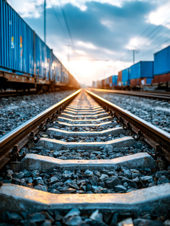 A sprawling railway corridor lined with stacked freight containers under a fiery sunset sky, evoking...