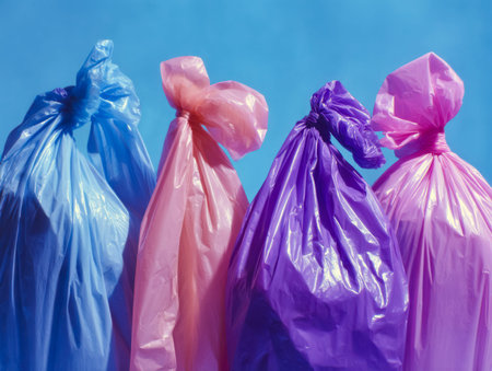 An array of brightly colored plastic bags knotted and positioned against a striking cobalt backdrop,...