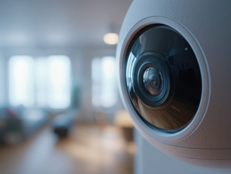 A sleek indoor surveillance device observes a luminous, stylish living area filled with sunlight...
