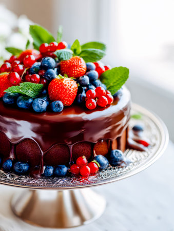 An elegant chocolate dessert adorned with ripe berries and aromatic mint, displayed on a vintage...