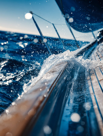 A sleek sailing vessel accelerates across tumultuous blue waters, its sail taut against the wind,...