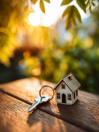 A charming house keychain rests on textured wood, bathed in the golden glow of sunset, evoking...