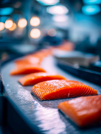 Glistening fish pieces slide along a bustling line, highlighting hygiene and efficiency in food...
