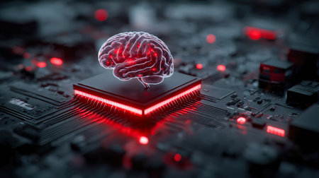 A sleek, high-tech circuit board hosting a luminous digital brain model, illustrating cutting-edge...
