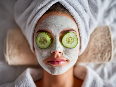 A serene woman reclines in a tranquil spa, soothing her skin with cool cucumber slices over her eyes...