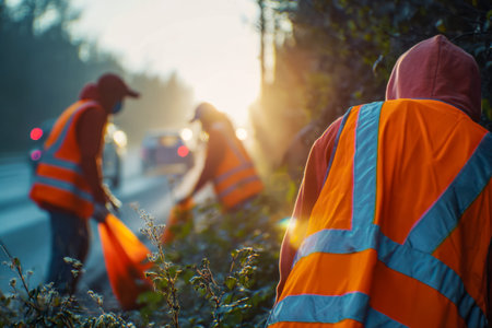 Dawn's early light bathes a dedicated group of volunteers in warmth as they gather discarded debris...