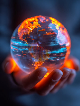 A sleek, high-tech sphere illuminated in vivid orange and blue tones, showcasing interconnected data...
