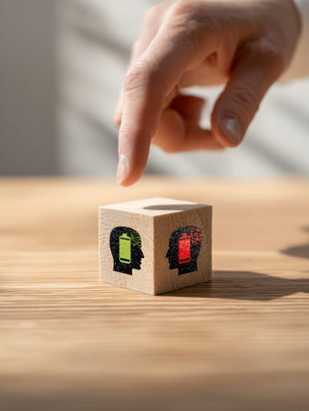 A hand directs attention to a wooden surface with engraved human profiles, highlighting contrasting green and red indicators representing mental vitality and cognitive levels.の写真素材