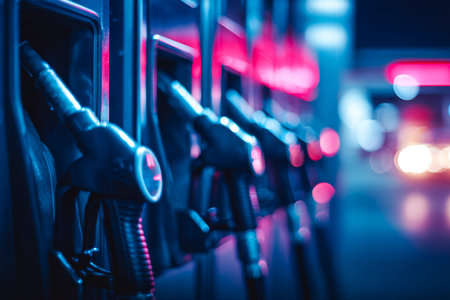 Neon-hued gas pumps glow vividly against a dark backdrop, creating a sleek, modern ambiance at the...
