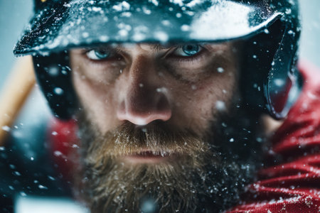 A rugged adventurer's gaze pierces through the cold, his thick beard and helmet hinting at...
