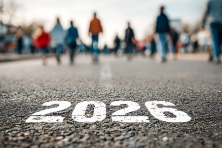 A bustling city street teems with pedestrians, with bold 2026 painted on the pavement, echoing...