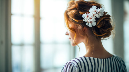 A sophisticated woman in a bold striped ensemble, adorned with a delicate floral hairpiece,...