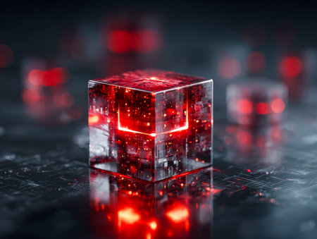 A sleek, glowing red prism with transparent facets and intricate digital circuitry patterns, evoking...