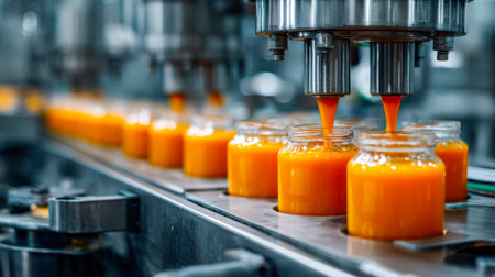 Workers supervise bubbling vats of vibrant orange jam, with machinery carefully filling glass jars,...