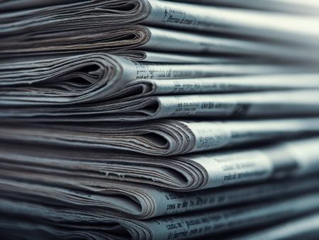 A detailed view of layered newspapers showing curled edges, overlapping sections, and crisp print,...