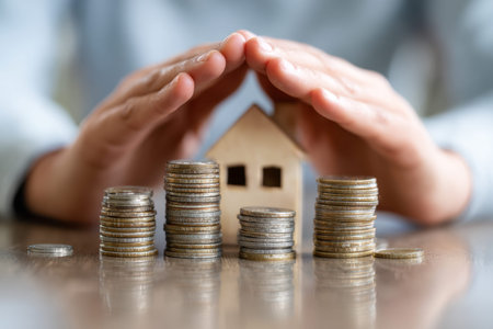 Gentle hands shield a tiny wooden home surrounded by piled coins, evoking the importance of...