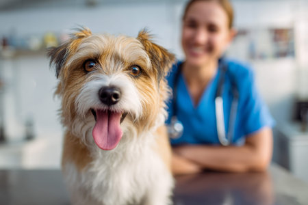 A cheerful puppy perches on a clinical table as a friendly vet in crisp blue scrubs observes with a...