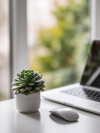 A contemporary desk scene bathed in natural light, featuring a vibrant succulent, sleek laptop, and...