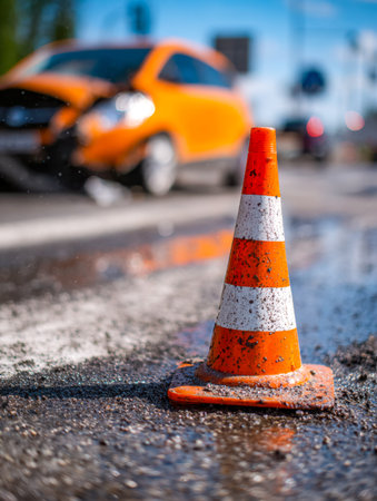A detailed shot of a vibrant orange and white traffic barrier resting on a slick, rain-soaked...