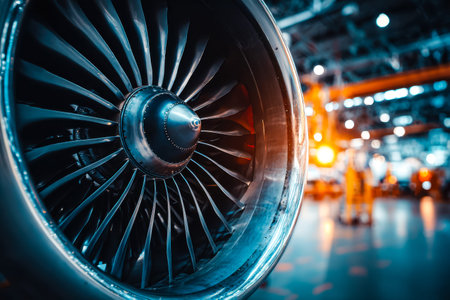 Intricate metallic blades and fans of a jet engine turbine shimmer under bright industrial lighting,...