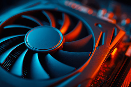 A sleek, modern cooling fan illuminated by vibrant blue and red LEDs, designed to enhance gaming...