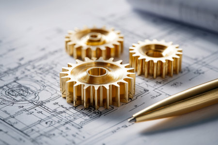 Close-up of intricate gears atop engineering plans and a pen, capturing the careful planning and...