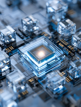 A high-tech microchip layout glowing with vibrant LED-lit pathways, showing intricate circuitry and...