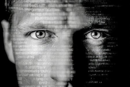 An expressive human visage merges seamlessly with cascading digital symbols, capturing the essence...