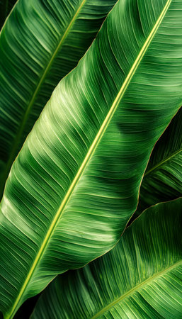A vivid macro shot highlighting lush green foliage, revealing intricate vein patterns and textured...