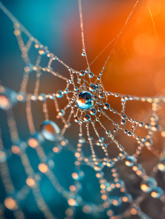 Tiny glistening spheres cling to intricate silk threads, catching the dawn?s glow and creating a...