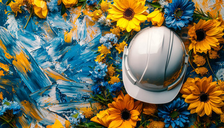 A protective headgear sits amidst lively yellow and blue blossoms, set against a creatively textured...