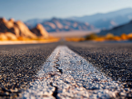 A close-up of a fractured white stripe on pavement stretches distant, hazy desert peaks beneath a bright, cloudless sky, evoking a sense of journey and solitude.の写真素材