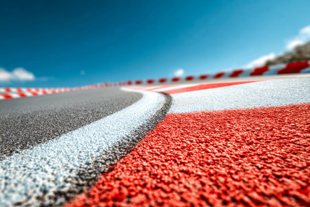 A detailed shot of a racecourse featuring vivid red, white, and black paint lines, set against a...