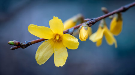 Bright yellow flowers emerge gracefully from a thin branch, set against a gentle, out-of-focus...