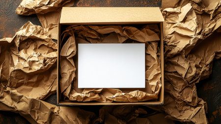 An unsealed cardboard container filled with disorganized packing paper and a pristine white card...