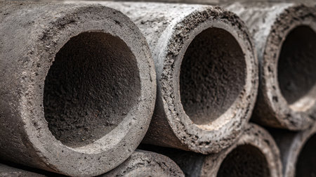 Tall columns of sturdy concrete cylinders await installation, their rough textures and uniform arrangement reflecting a bustling construction site.の写真素材