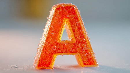 A detailed view of a shimmering, icy letter a crafted from a clear, sugar-encrusted gummy, vibrant...