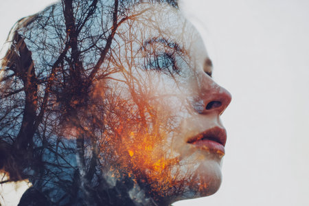 A surreal blend of a woman's profile and a vibrant sunset cast over shadowed trees, evoking...