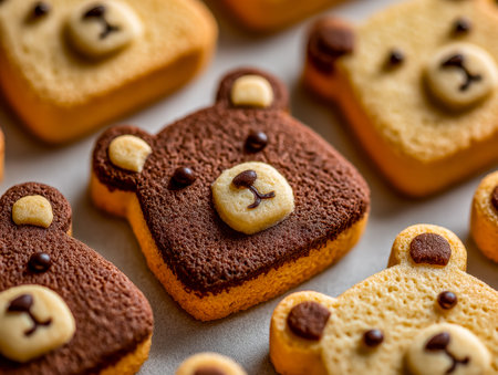 Cheerful bear cookies with adorable expressions and intricate textures create a whimsical and...