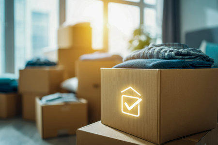 Sunlit living room filled with neatly stacked boxes containing organized folded garments, capturing...